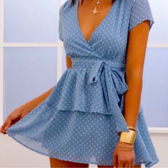 Lucy in the Sky Light Blue Polka Dot Take Me to Paris Mini Dress Size‎ S - Picture 4 of 9